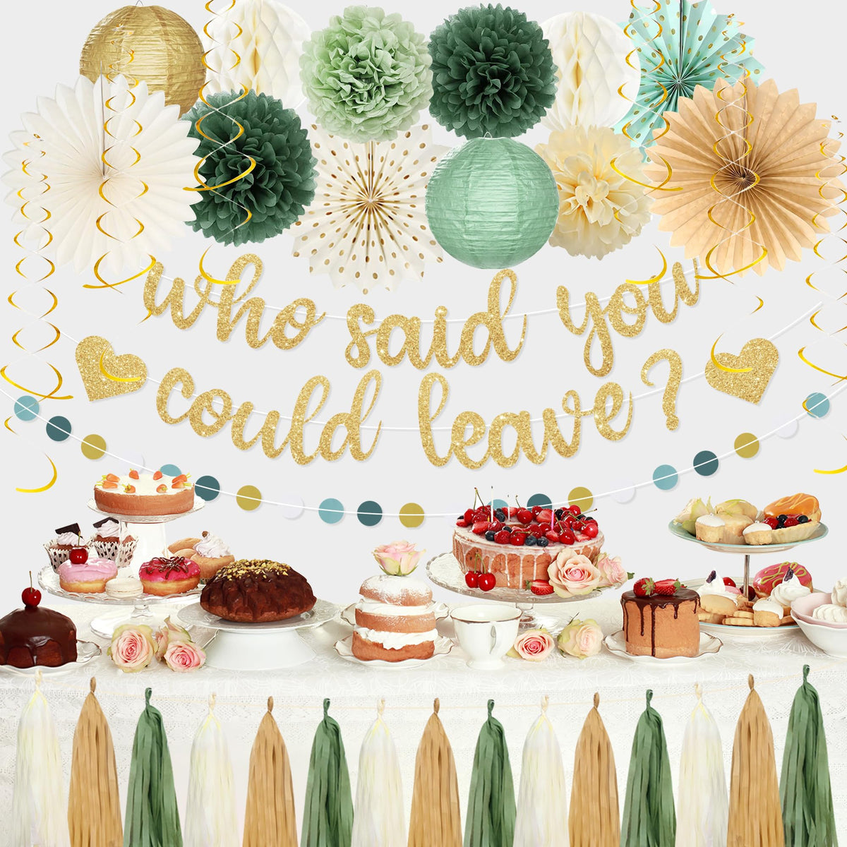 Roetyce green-and-gold rounded banner creates a bold greeting for the party backdrop