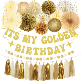 Roetyce It's My Golden Birthday banner serves as a glamorous backdrop for photos.