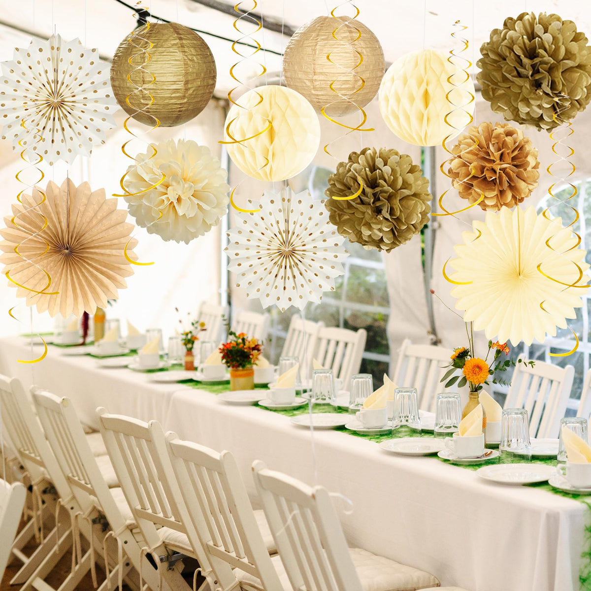 Roetyce hanging swirls in gold decorate ceilings and entryways.
