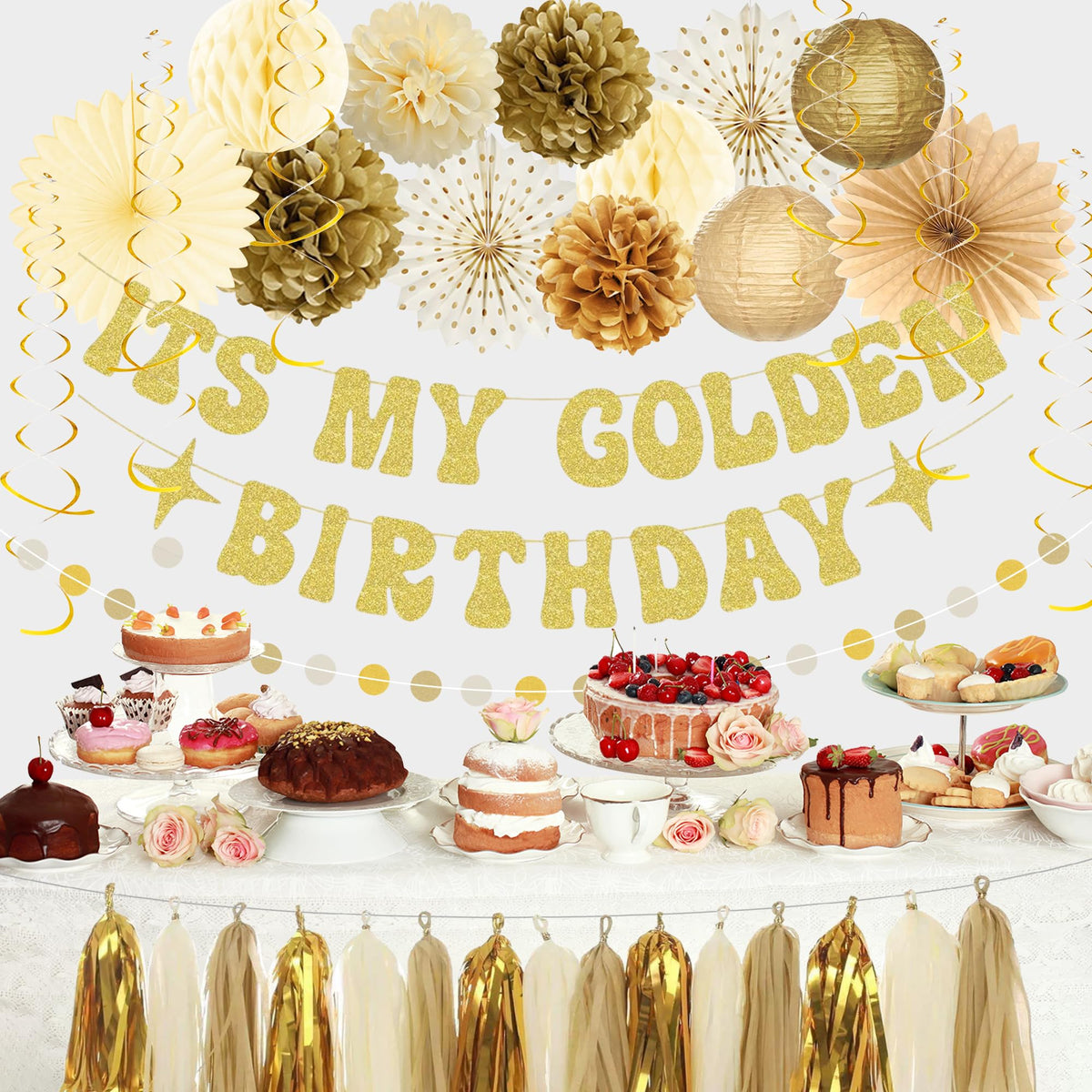 Roetyce honeycomb balls provide bold, luminous spheres in gold.