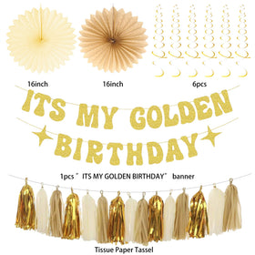 Roetyce golden paper fans add a sparkling wall accent for celebrations.