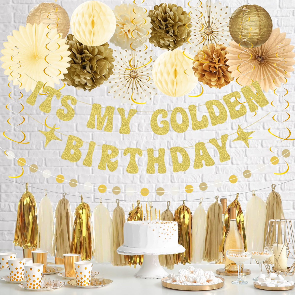 Roetyce gold pompoms catch light and add dimensional decor.