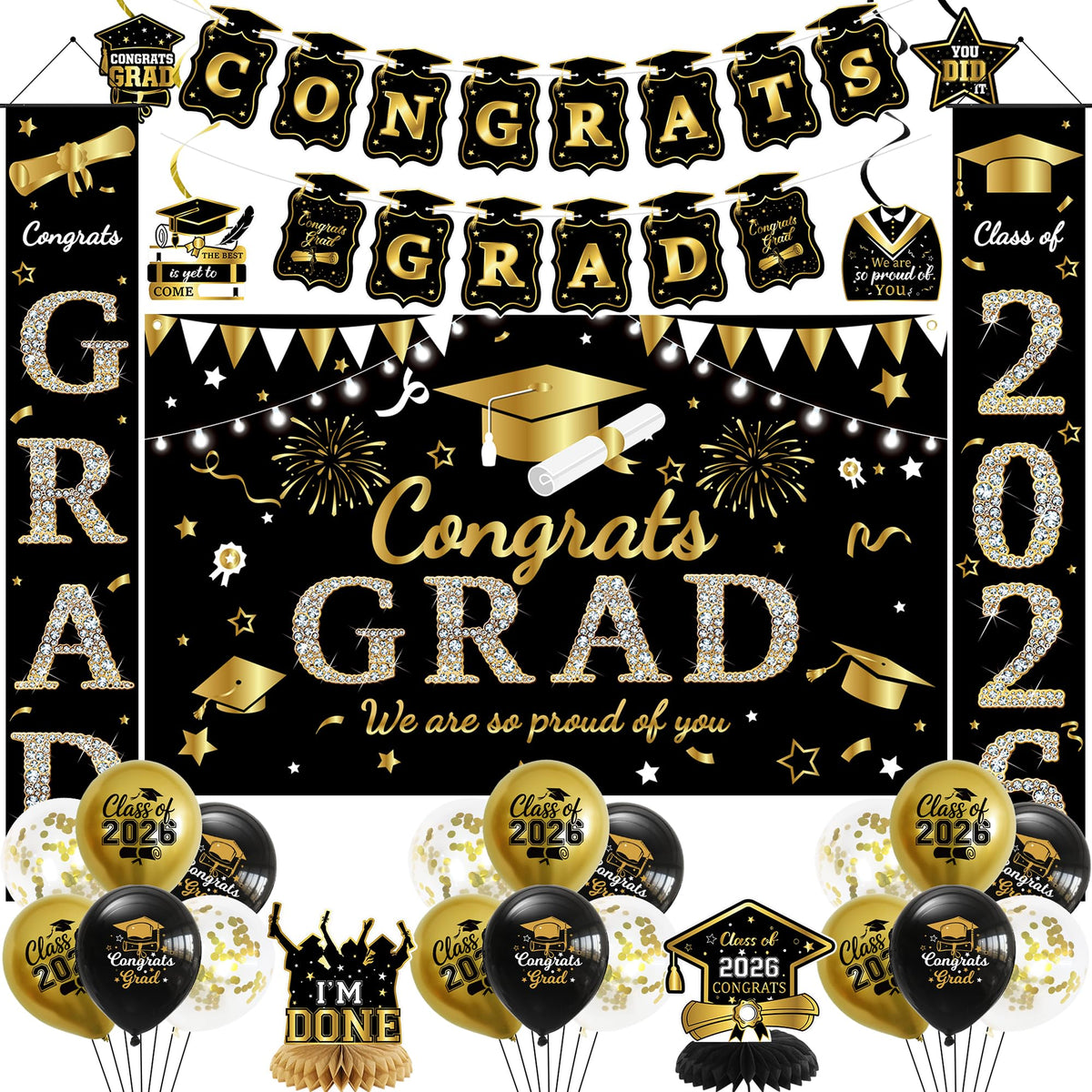 Roetyce graduation backdrop in black and gold for a stylish photo backdrop