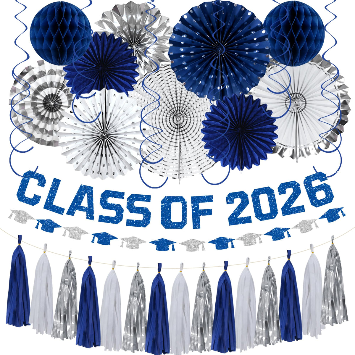 Roetyce graduation banner Class of 2026 with blue glitter for festive photos.