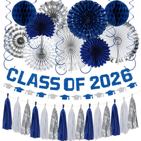Roetyce graduation banner Class of 2026 with blue glitter for festive photos.