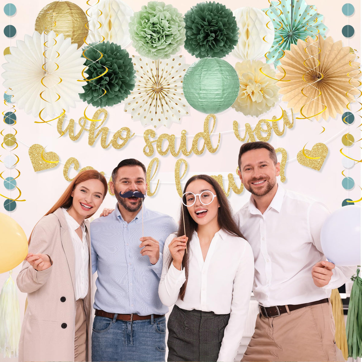 Roetyce green-gold paper fans brighten walls with a celebratory touch