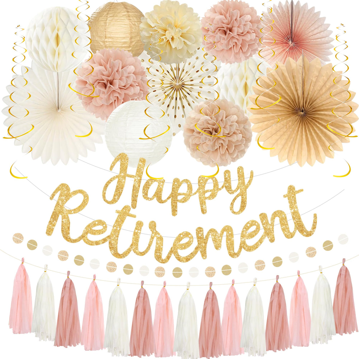 Roetyce Happy Retirement Banner in champagne gold adds a festive focal point for celebrations