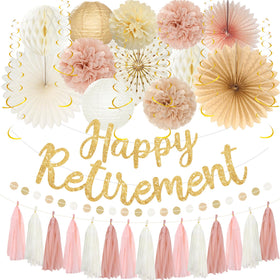 Roetyce Happy Retirement Banner in champagne gold adds a festive focal point for celebrations