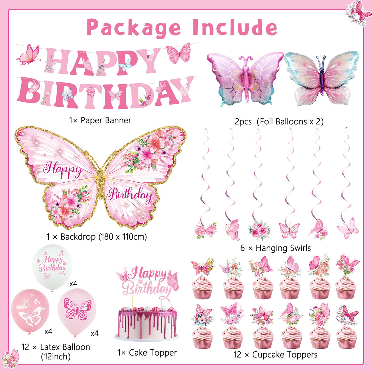Roetyce pink butterfly banner enhances birthday photo ops