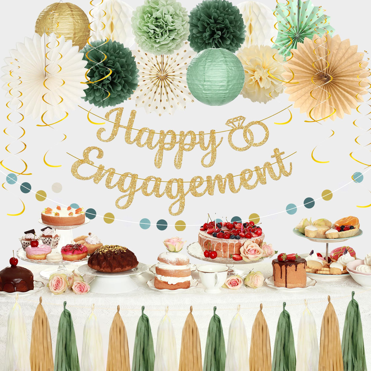 Roetyce pom-poms in sage green with gold accents soften any display.