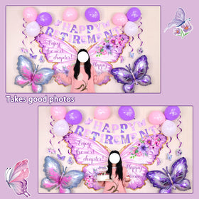 Roetyce purple latex balloons brighten the party space.
