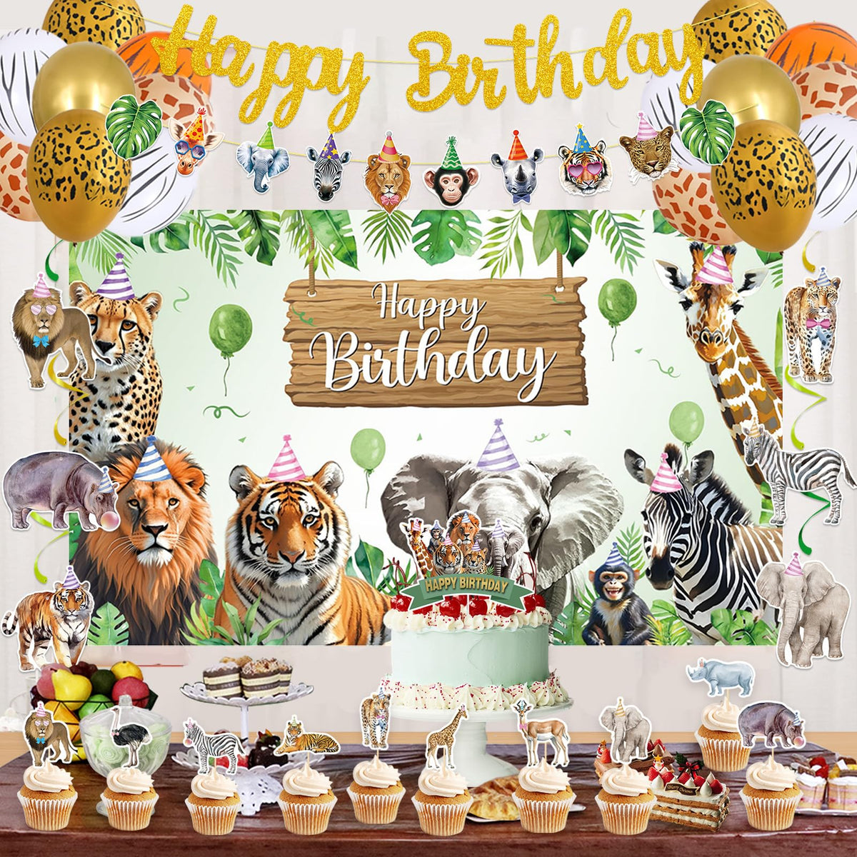 Roetyce wild animals backdrop creates a vivid party scene.