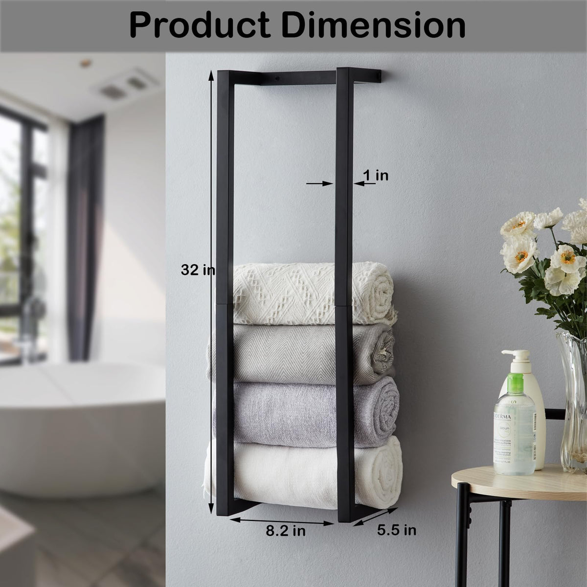 Roeveca black towel rack simplifies small space storage with rolled towels.