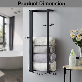 Roeveca black towel rack simplifies small space storage with rolled towels.