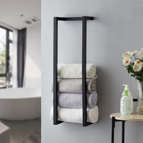Roeveca towel rack for rolled towels keeps towels neatly organized.