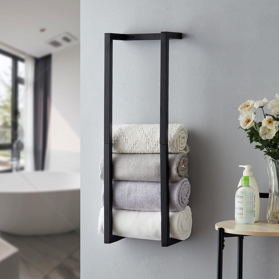 Roeveca towel rack for rolled towels keeps towels neatly organized.