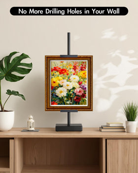 Rofio black tabletop easel displaying signs at an event