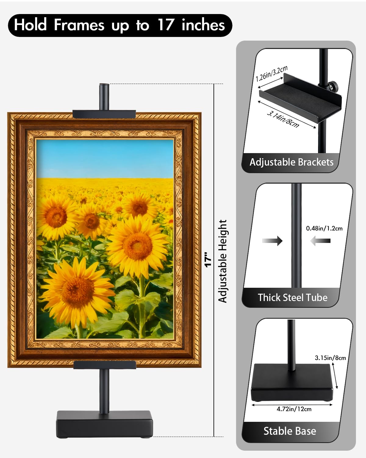 Rofio metal easel showcases a frame on a desk with sturdy support