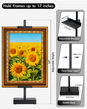 Rofio metal easel showcases a frame on a desk with sturdy support