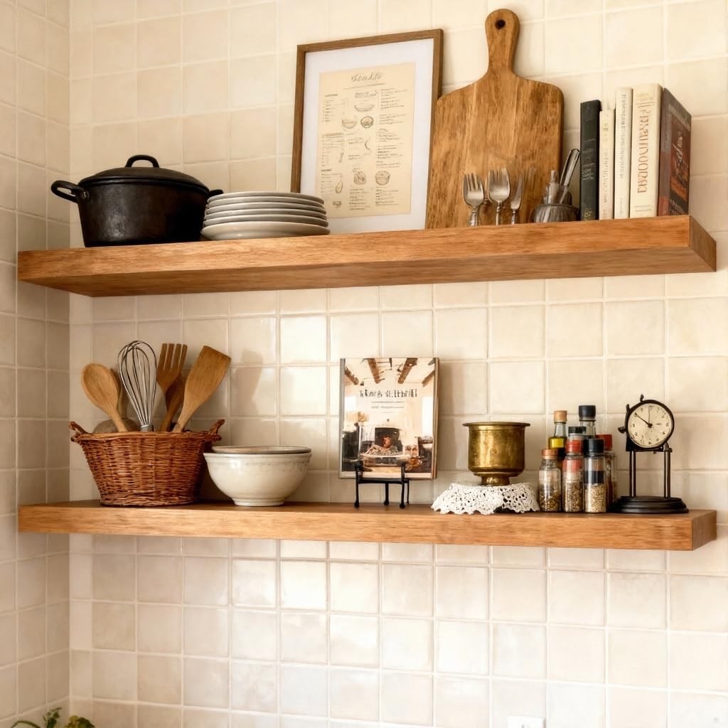 ROGMARS bedroom wall shelves with warm walnut tone