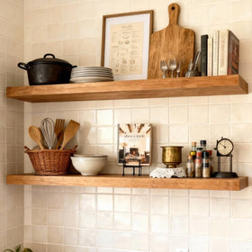 ROGMARS bedroom wall shelves with warm walnut tone