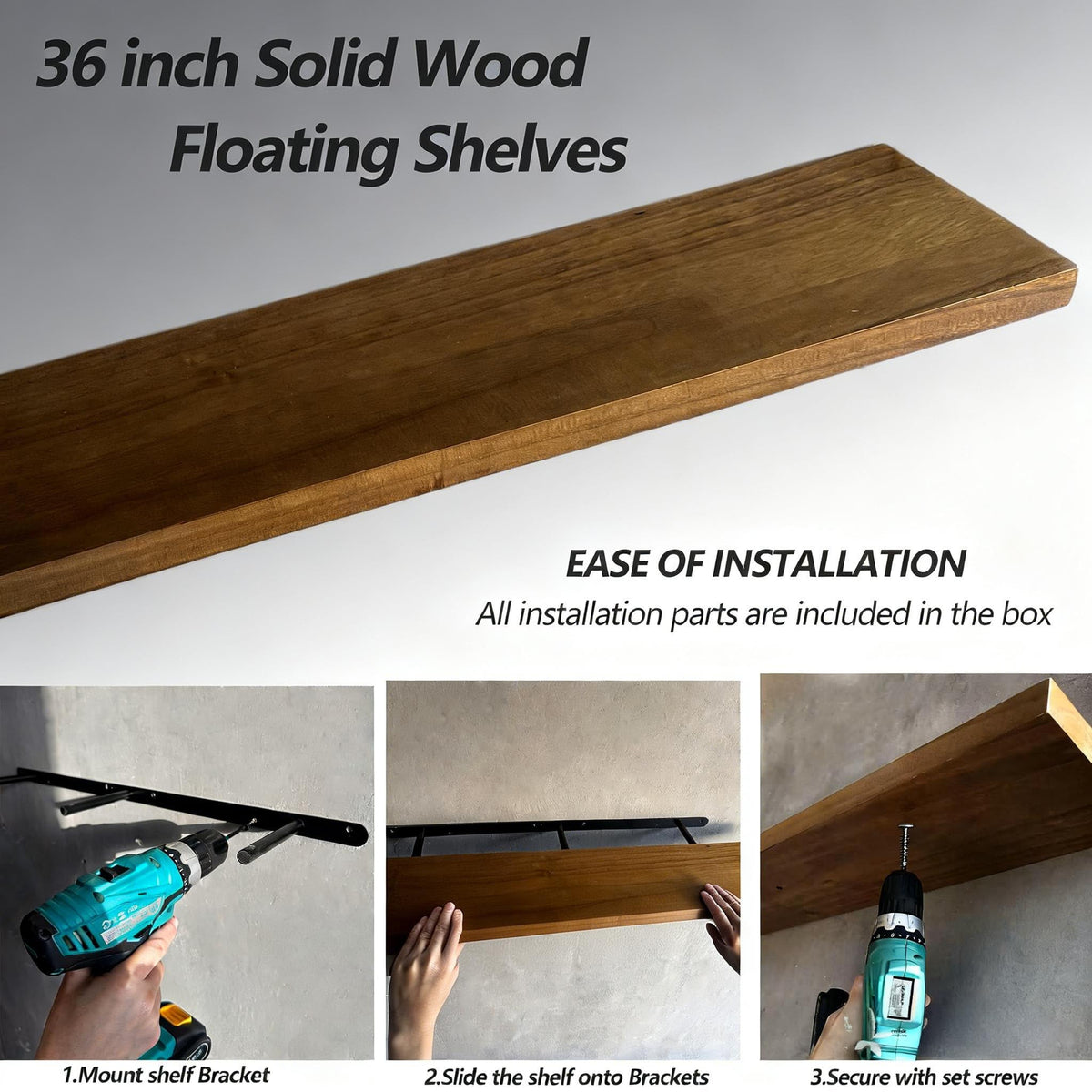 ROGMARS walnut floating shelves in living room for chic organization