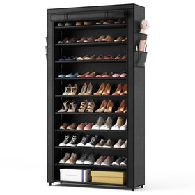 ROJASOP 10-tier shoe rack with covers assembled for space-saving organization.