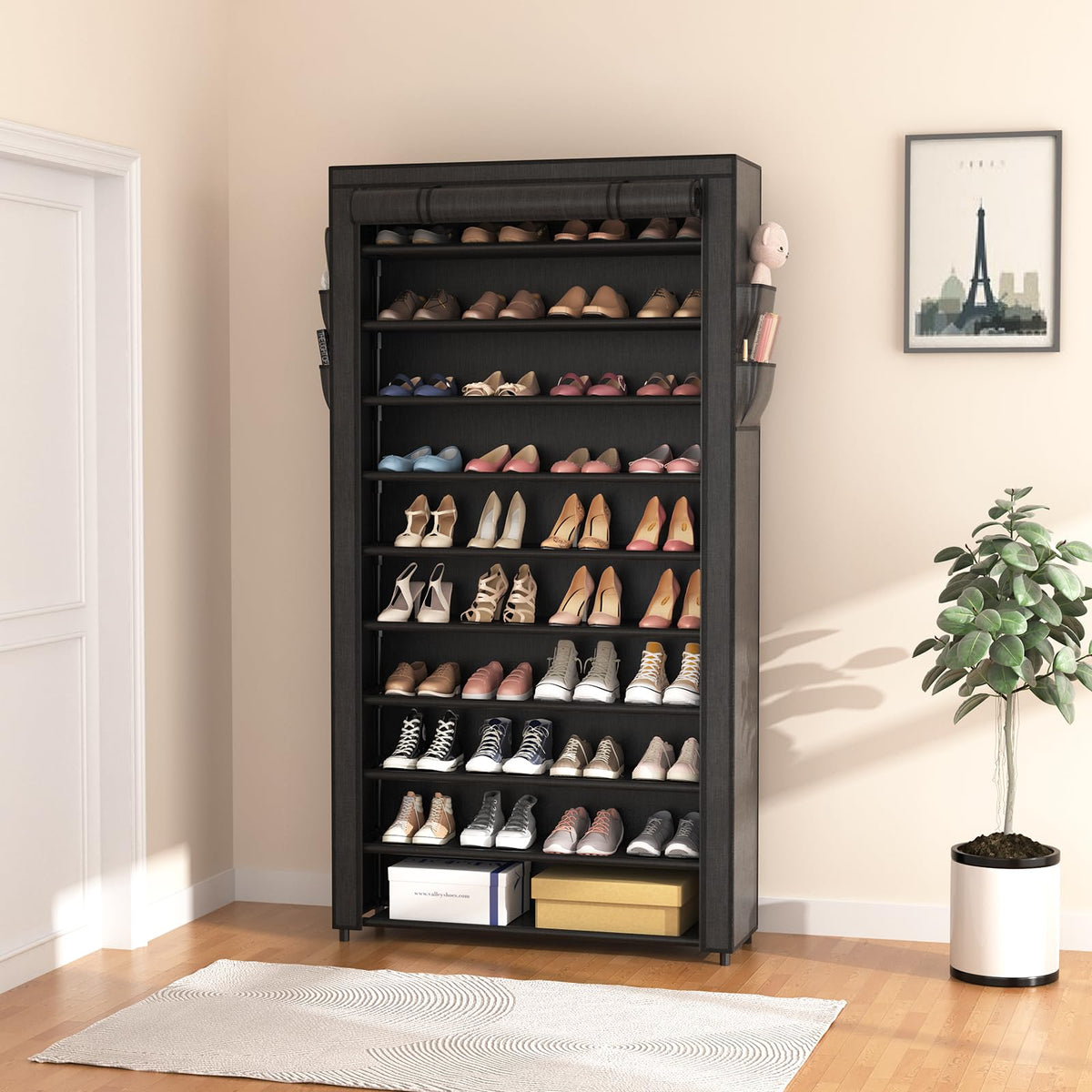 ROJASOP tall shoe rack in entryway keeps boots neatly stored.