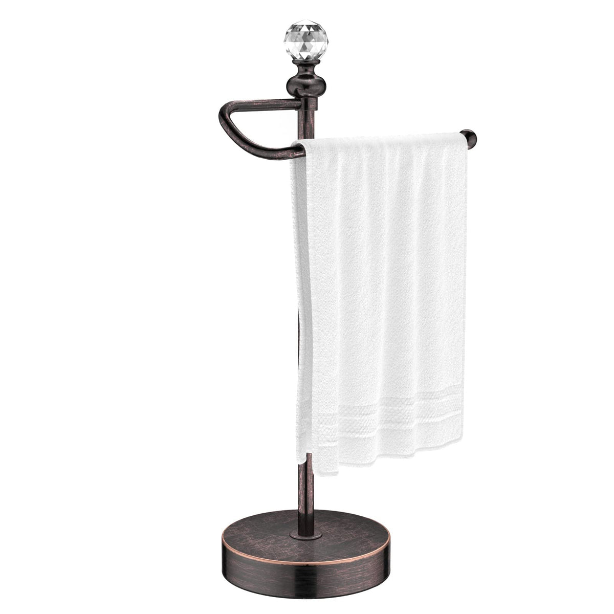 ROLABAM heavy weighted hand towel holder with crystal ball top on a bathroom counter.