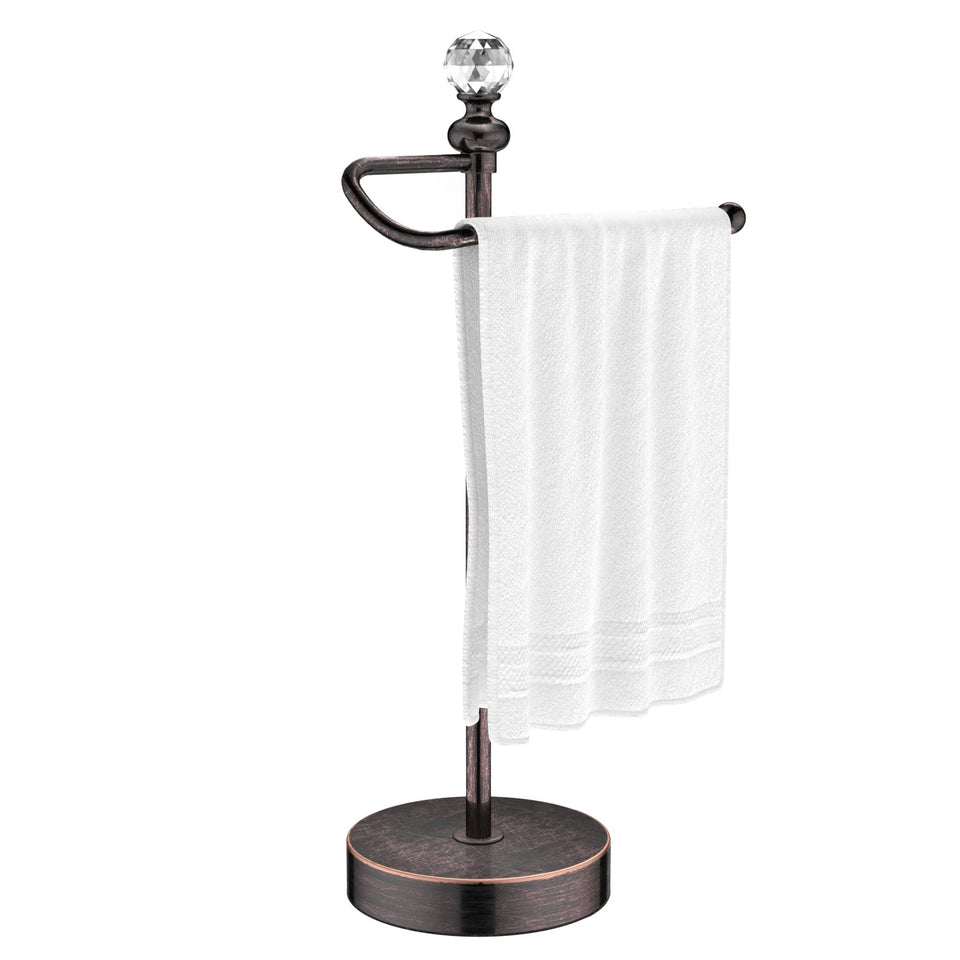 ROLABAM heavy weighted hand towel holder with crystal ball top on a bathroom counter.
