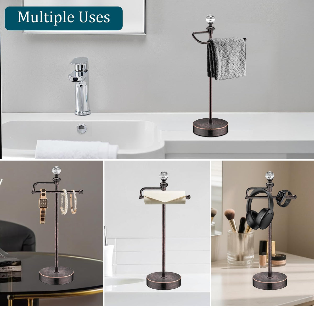 ROLABAM weighted base provides stable towel access on countertops.