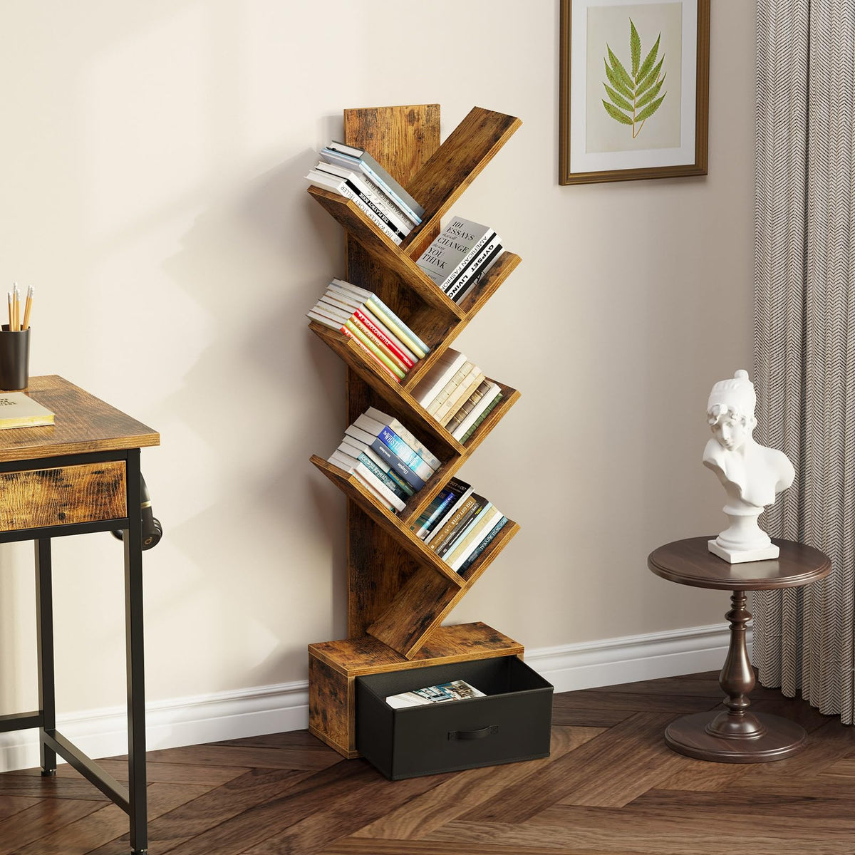 Rolanstar tree bookshelf side angle showing vertical storage.
