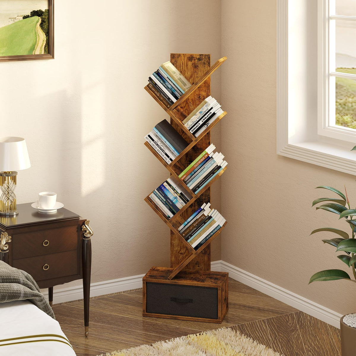 Rolanstar wooden bookcase with drawer open for easy access.