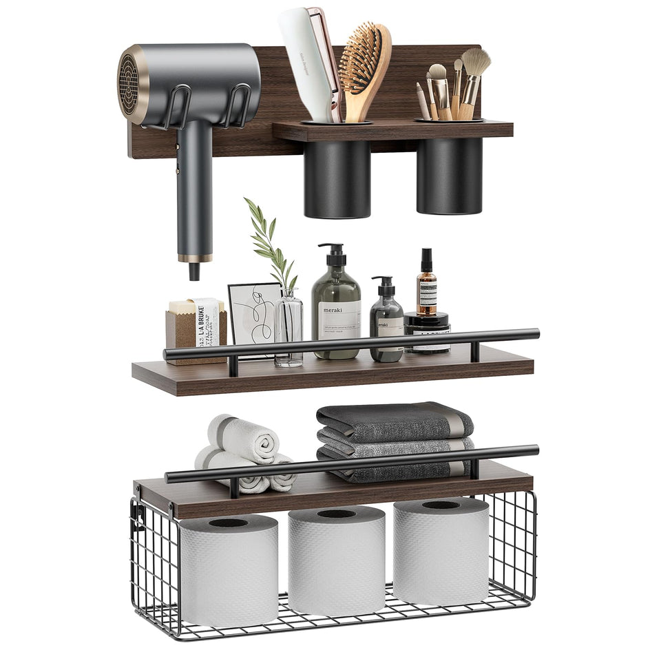 RoleDes bathroom floating shelf with hair dryer holder keeps hair tools organized and within reach.