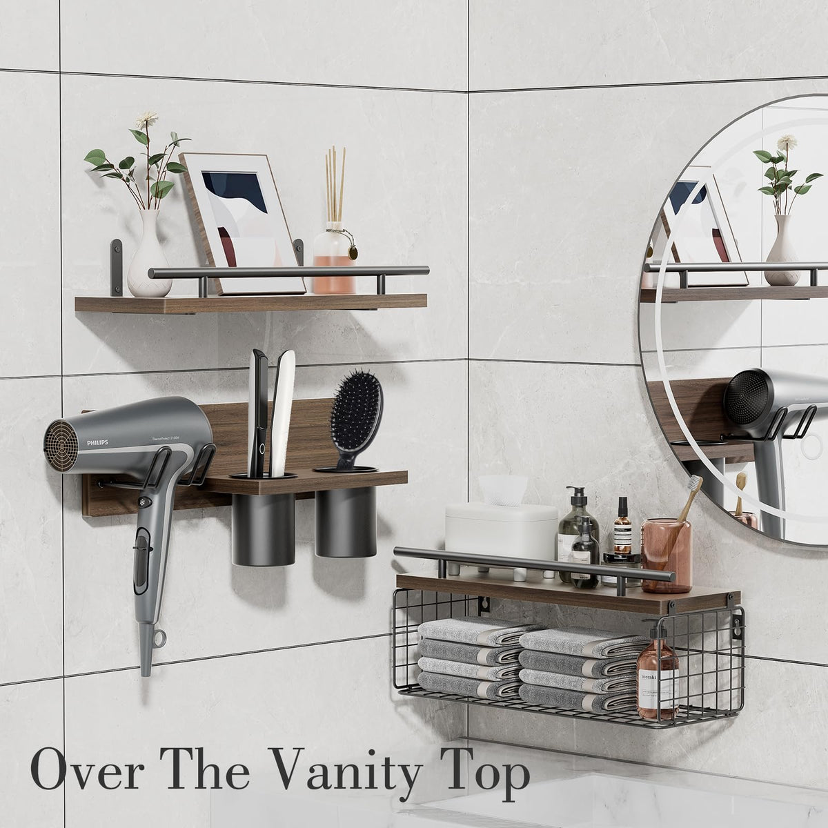 RoleDes three-piece set combines shelves, hair dryer holder, and two jars for organized storage.