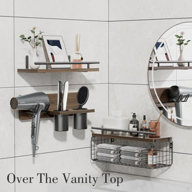 RoleDes three-piece set combines shelves, hair dryer holder, and two jars for organized storage.