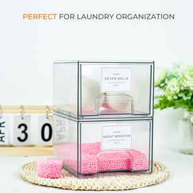 Rolheit clear stackable dryer sheet holder keeps laundry essentials organized.