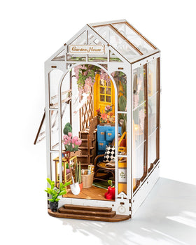 Rolife garden-house booknook front view shows intricate exterior for shelf display