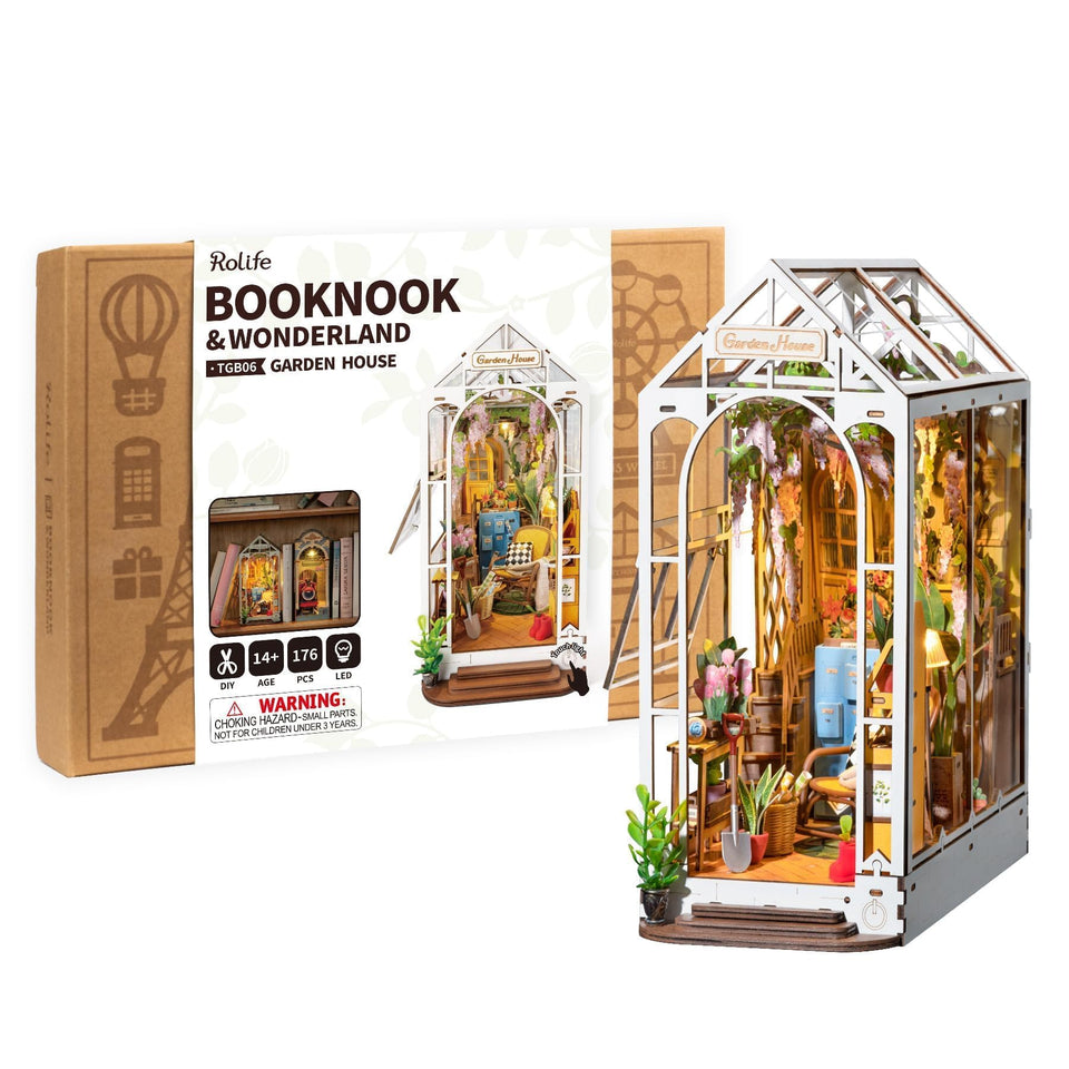 Rolife Garden House Booknook kit cover, elegant bookshelf display option.