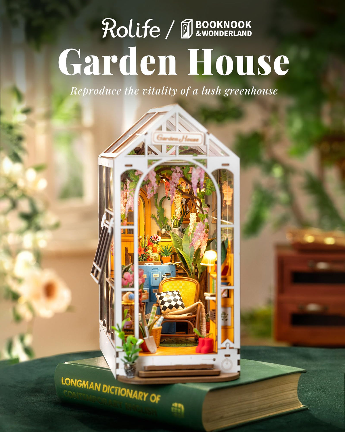 Rolife garden-house booknook side view highlights compact footprint on desk