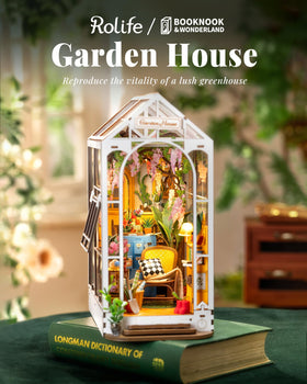 Rolife garden-house booknook side view highlights compact footprint on desk