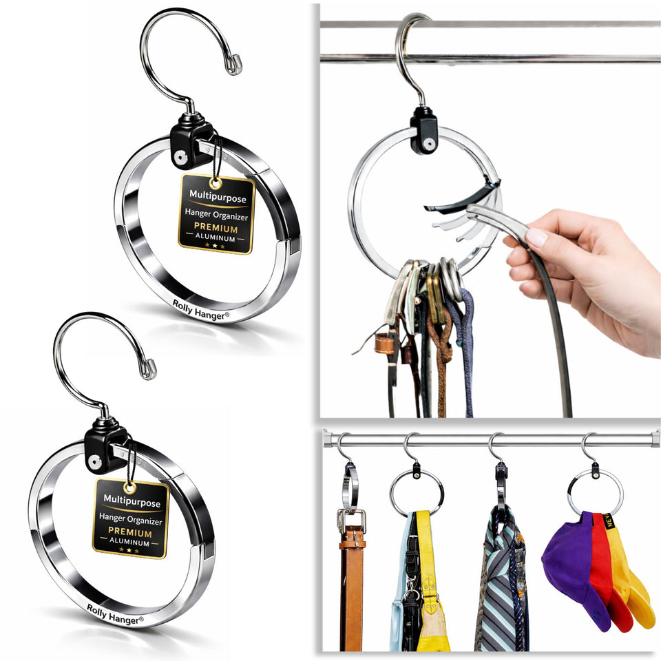 Rolly Hanger 360° rotating aluminum organizer keeps belts and ties neatly organized.