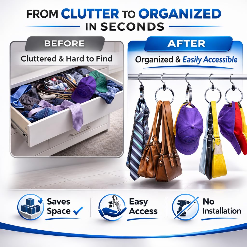 Rolly Hanger organizes scarves, caps, and jewelry with a compact space saver.