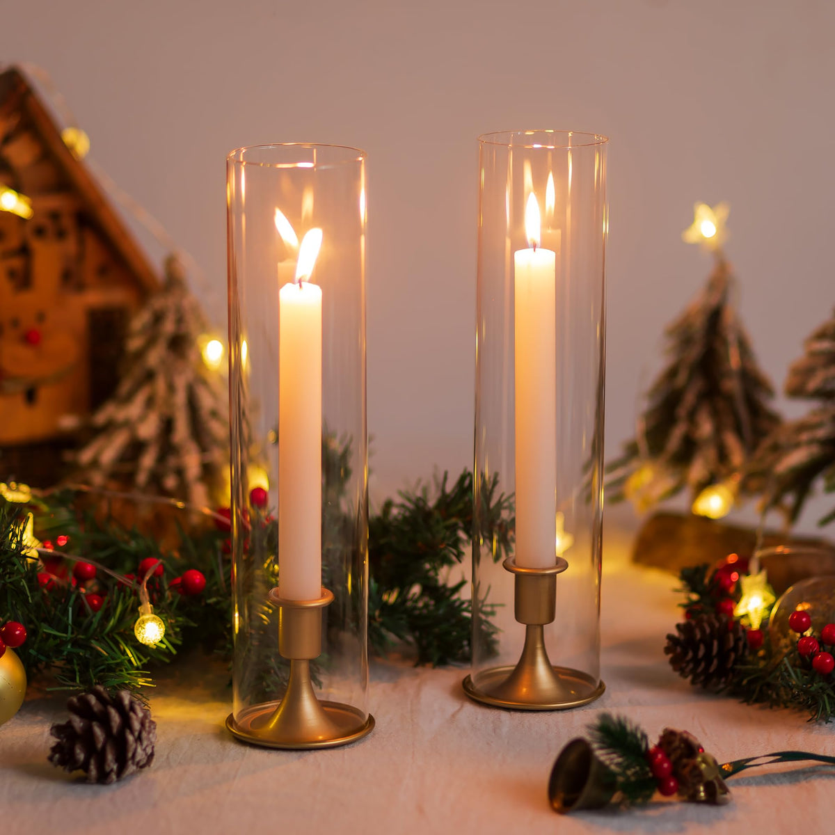 Clear glass hurricane cylinder showcasing candlelight for events