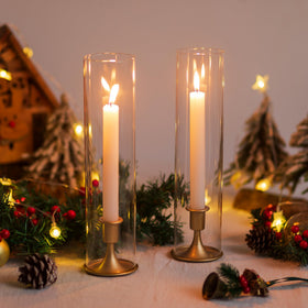 Clear glass hurricane cylinder showcasing candlelight for events