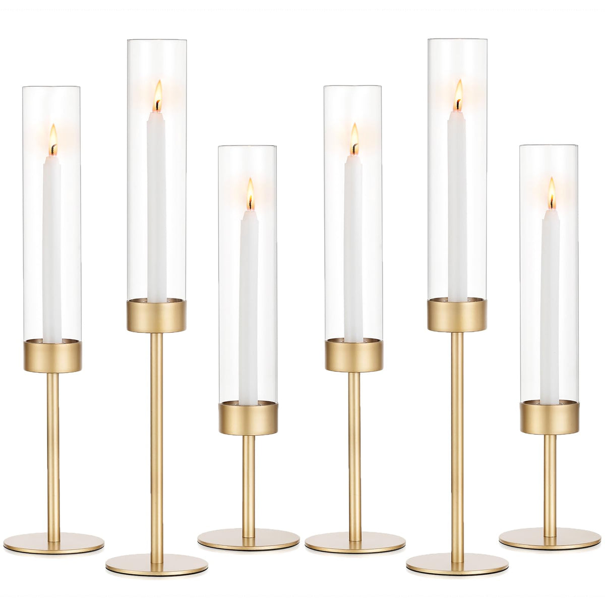 Romadedi gold glass hurricane candle holders, set of six, ideal for elegant table decor.