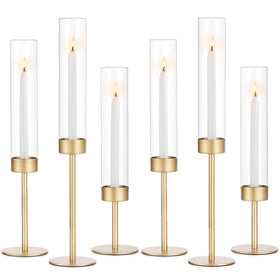 Romadedi gold glass hurricane candle holders, set of six, ideal for elegant table decor.