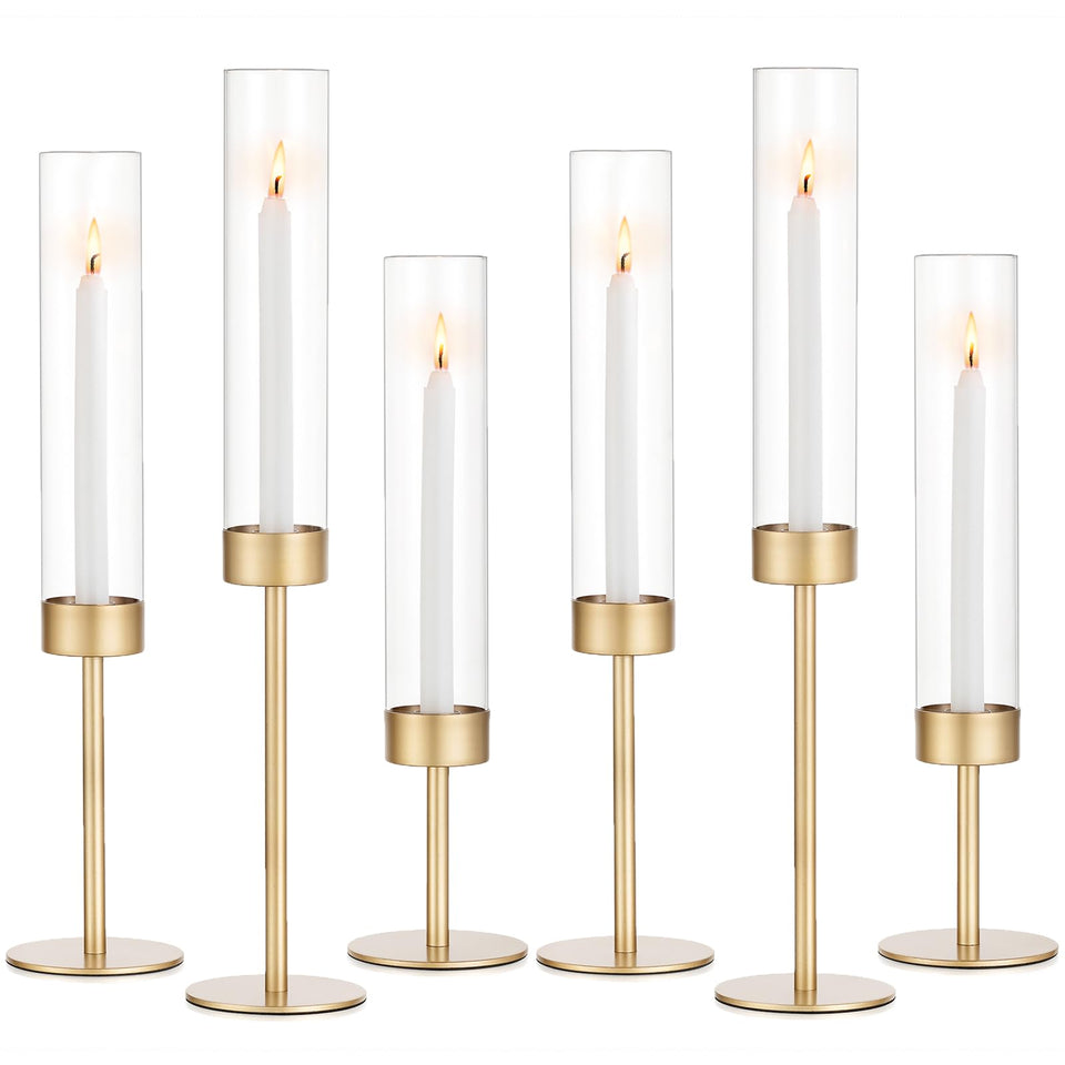 Romadedi gold glass hurricane candle holders, set of six, ideal for elegant table decor.
