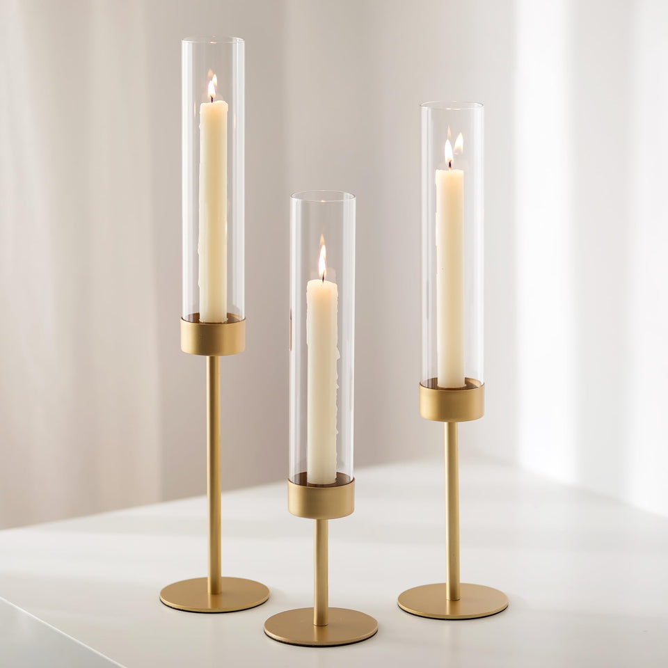 Romadedi glass hurricane candle holder set of 3 in gold, ideal wedding centerpiece