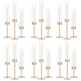 Romadedi gold glass hurricane candlestick holders for elegant wedding centerpieces.